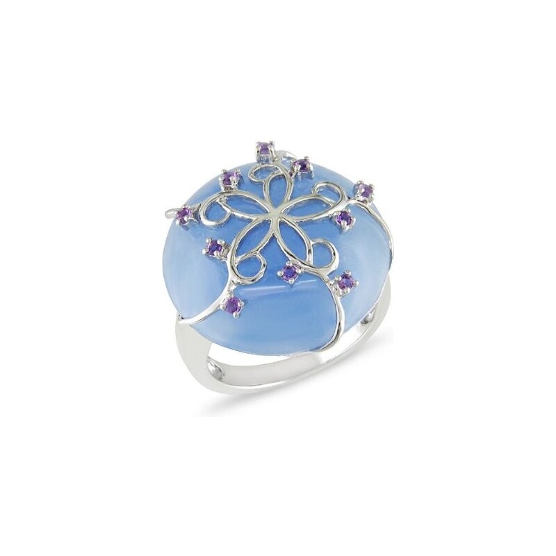 Stříbrný prsten s modrým nefritem a ametysty