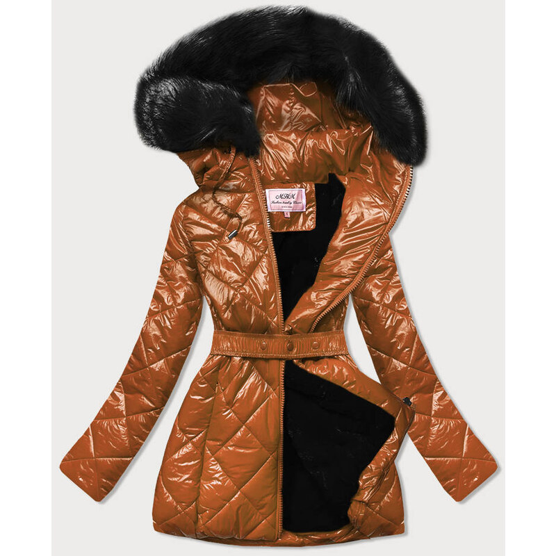 MHM Lesklá zimní bunda v karamelové barvě s mechovitým kožíškem (W756)