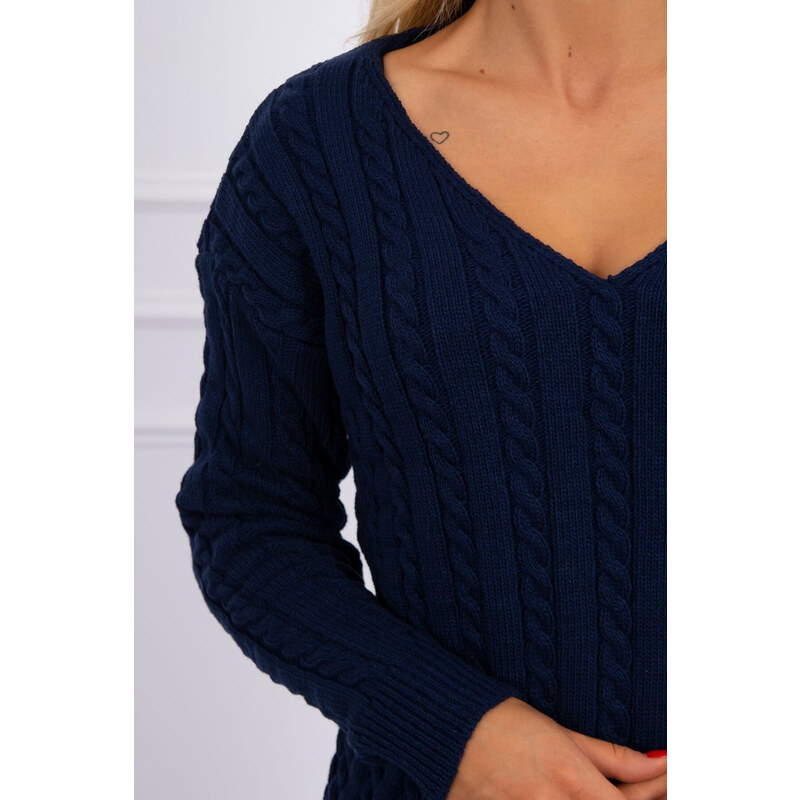 MladaModa Úpletový svetr s copánkovým vzorem a véčkovým výstřihem barva námořnická modrá