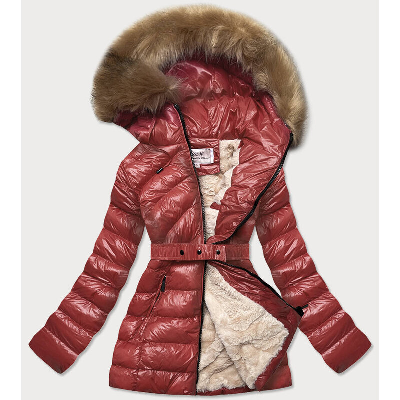MHM Lesklá zimní bunda ve vínové bordó barvě s mechovitou kožešinou (W674)