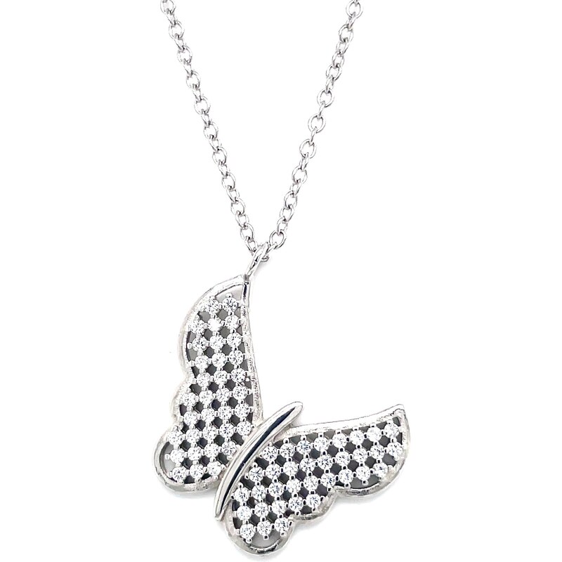 Stříbrný náhrdelník se zirkony motýl bílý 12035.1 crystal