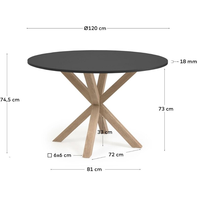 Černý lakovaný jídelní stůl Kave Home Argo 120 cm s přírodní kovovou podnoží