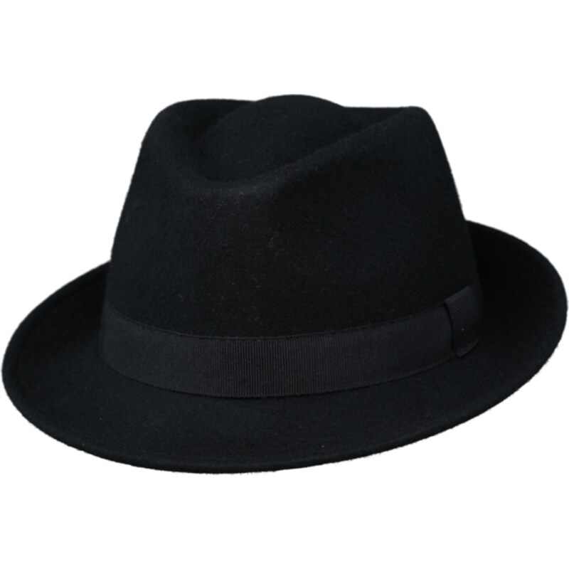 Klasický trilby klobouk vlněný Fiebig - černý s černou stuhou