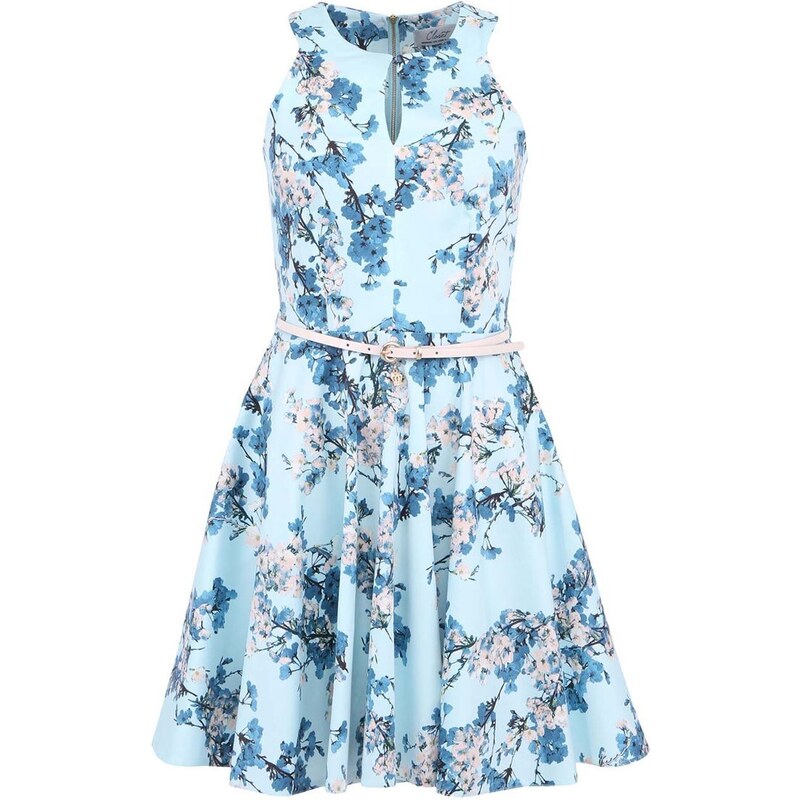 Světle modré květované šaty s páskem Closet