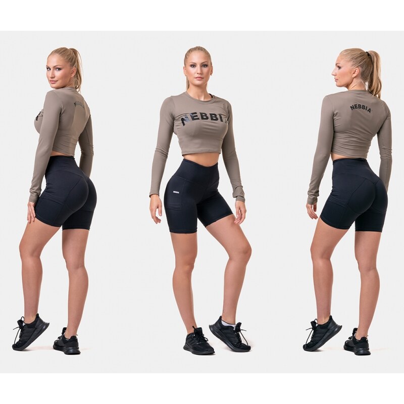 NEBBIA - Fitness crop top s dlouhým rukávem 585 (mocha)