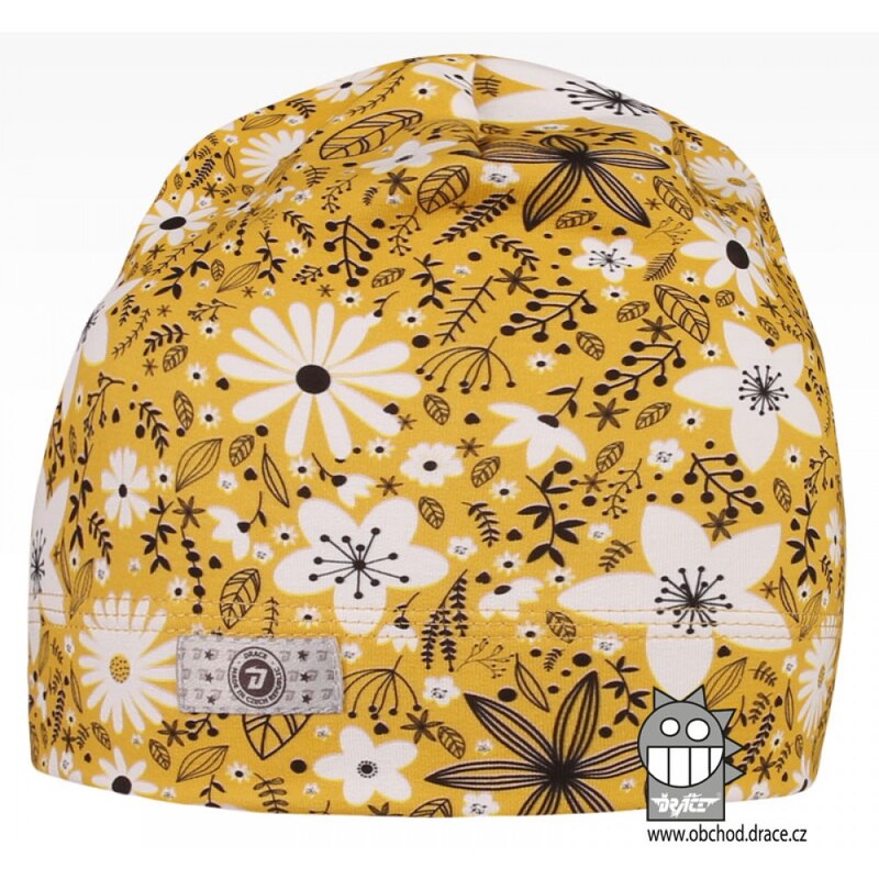 Bavlněná celopotištěná čepice Dráče - vzor 01 - žlutá, květy