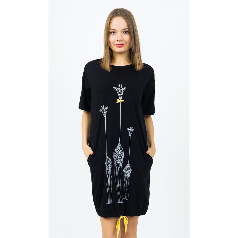 Vienetta Dámské domácí šaty s krátkým rukávem Žirafy - černá