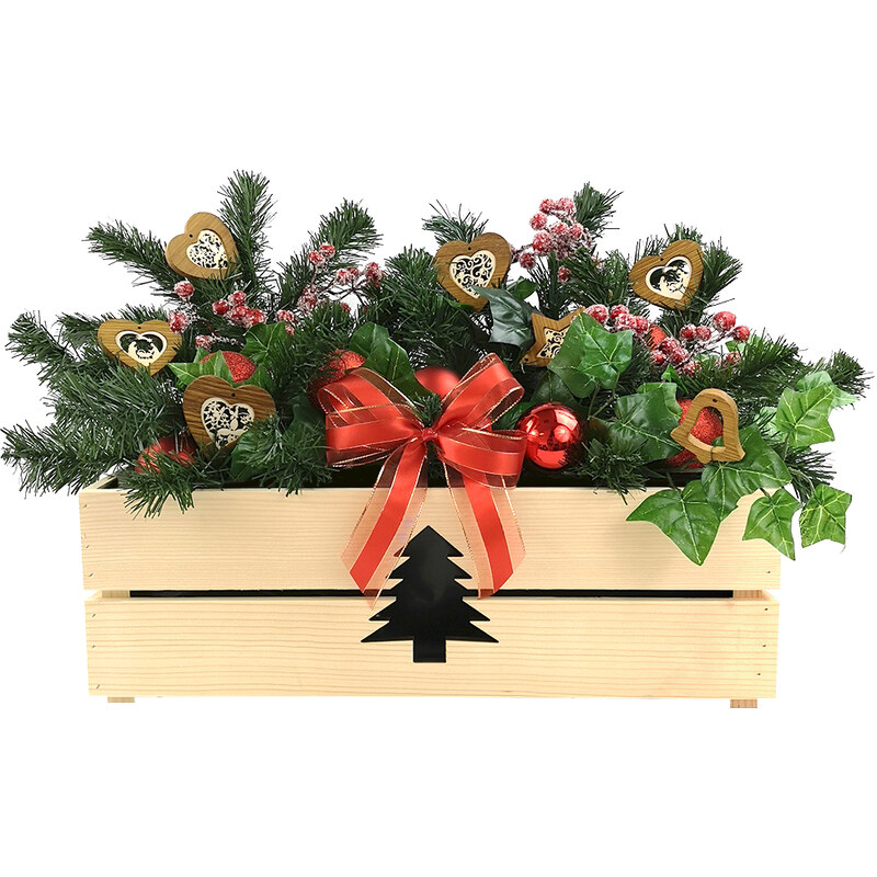 AMADEA Dřevěný vánoční truhlík se stromečkem přírodní, uvnitř s černou fólií, 52x21,5x17cm, český výrobek
