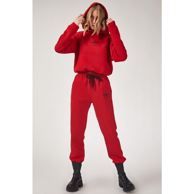 Happiness İstanbul Women's Red NASA Printed Fleece Tracksuit Suit