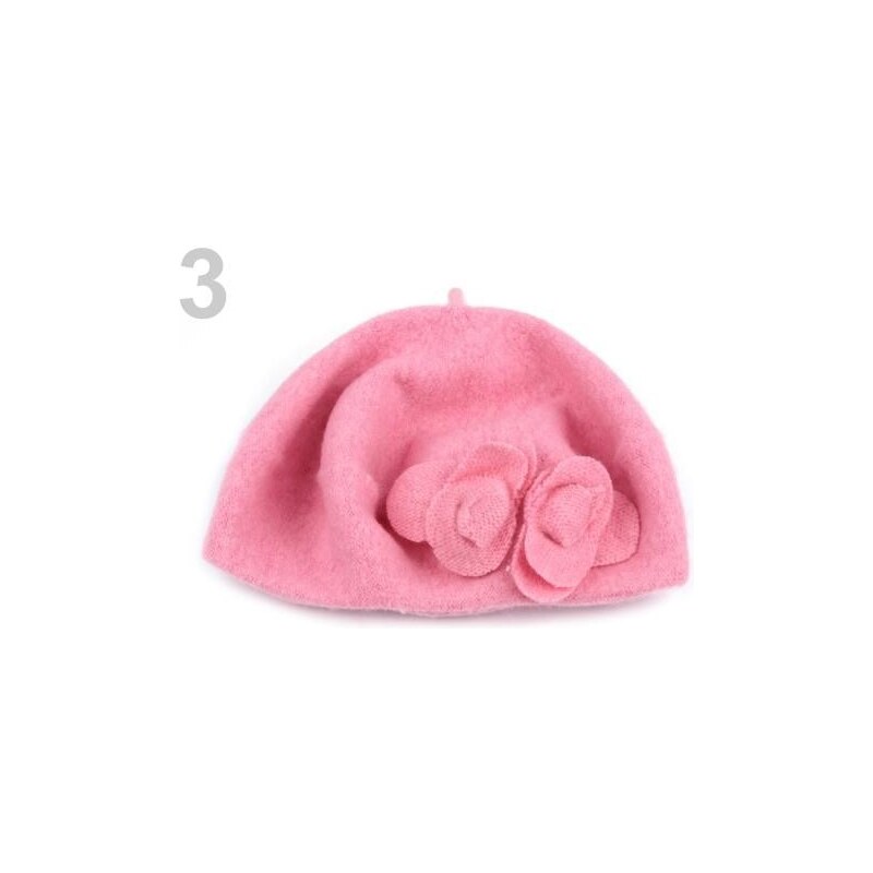 Stoklasa Vlněný pletený baret s květem (1 ks) - 3 růžová sv.