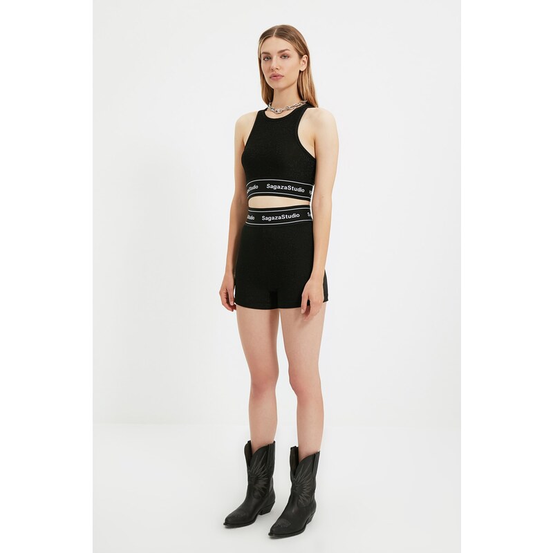 Trendyol X Sagaza Studio Black Shiny Elastic Detail Knitted Shorts