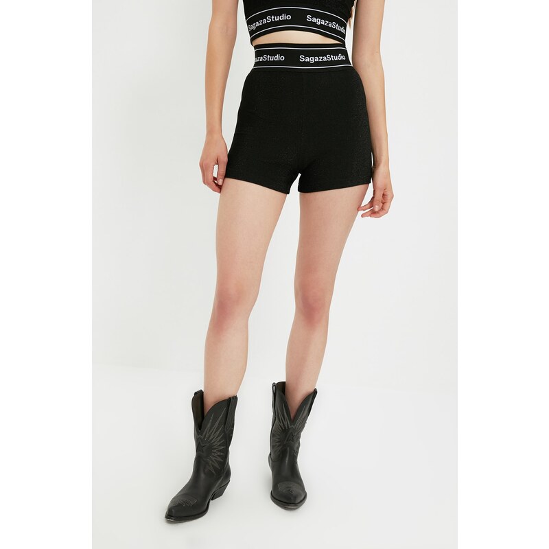 Trendyol X Sagaza Studio Black Shiny Elastic Detail Knitted Shorts