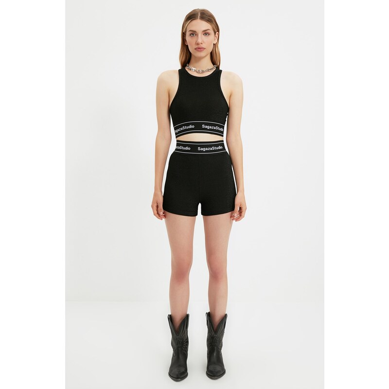 Trendyol X Sagaza Studio Black Shiny Elastic Detail Knitted Shorts