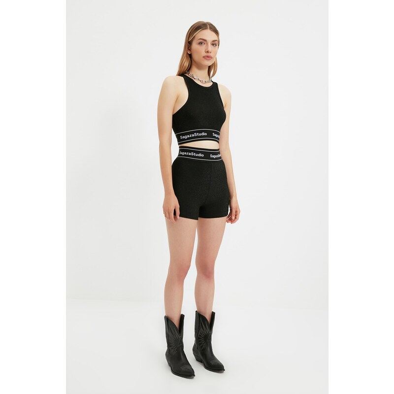 Trendyol X Sagaza Studio Black Shiny Elastic Detail Knitted Shorts