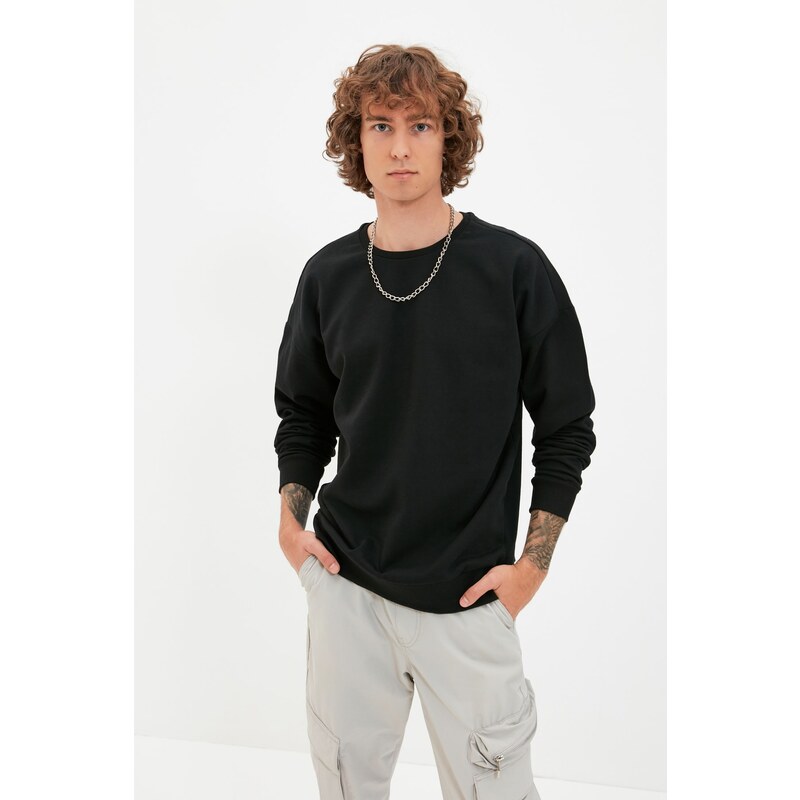 Trendyol Men's Black Printed Oversize/Wide-Fit Back Printed Fleece Sweatshirt