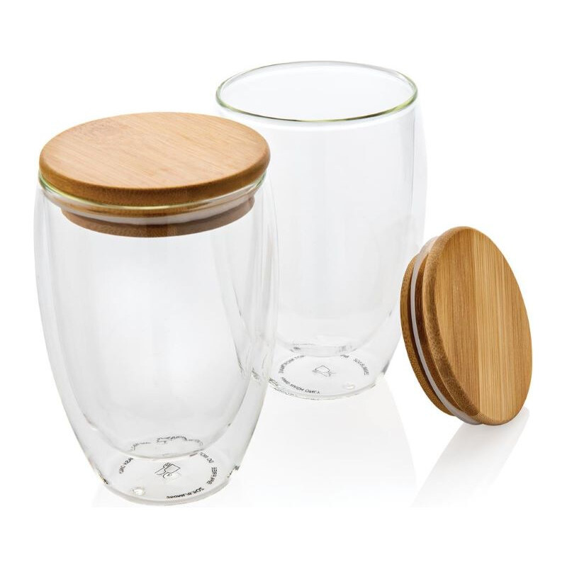 Set dvou dvoustěnných sklenic s bambusovým víčkem, 350ml, XD Design, čirá