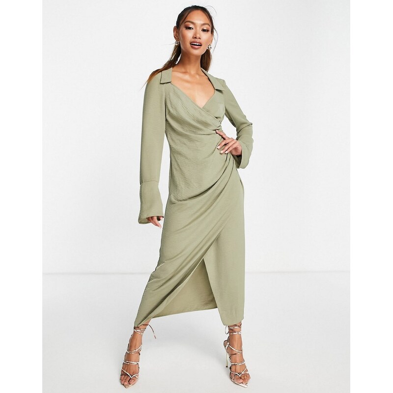 ASOS DESIGN 70s drape front wrap midi dress in khaki-Green 100674689