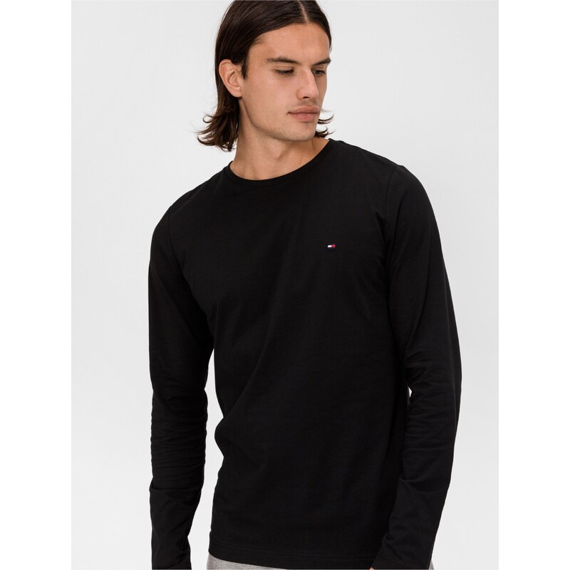 Černé pánské tričko Tommy Hilfiger Stretch Slim Fit Long Sleeve Tee - Pánské