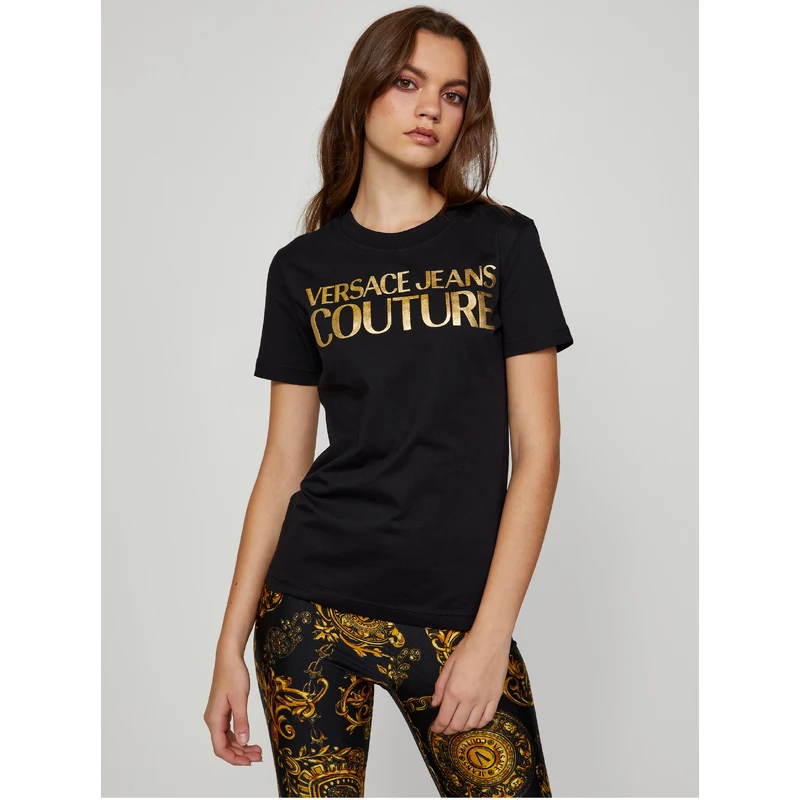 Zlato-černé dámské tričko Versace Jeans Couture S Logo Foil - GLAMI.cz