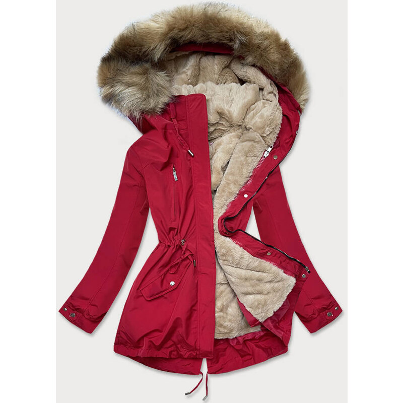MHM Červeno-tmavě béžová dámská zimní bunda s mechovitým kožíškem (W553)