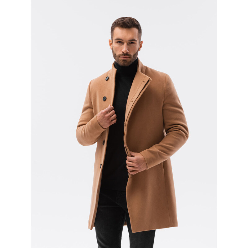 Ombre Clothing Pánský kabát s asymetrickým zapínáním - velbloudí V4 OM-COWC-0102