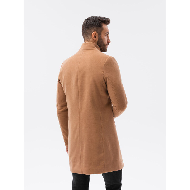 Ombre Clothing Pánský kabát s asymetrickým zapínáním - velbloudí V4 OM-COWC-0102