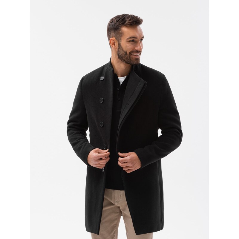 Ombre Clothing Pánský kabát s asymetrickým zapínáním - černý V2 OM-COWC-0102