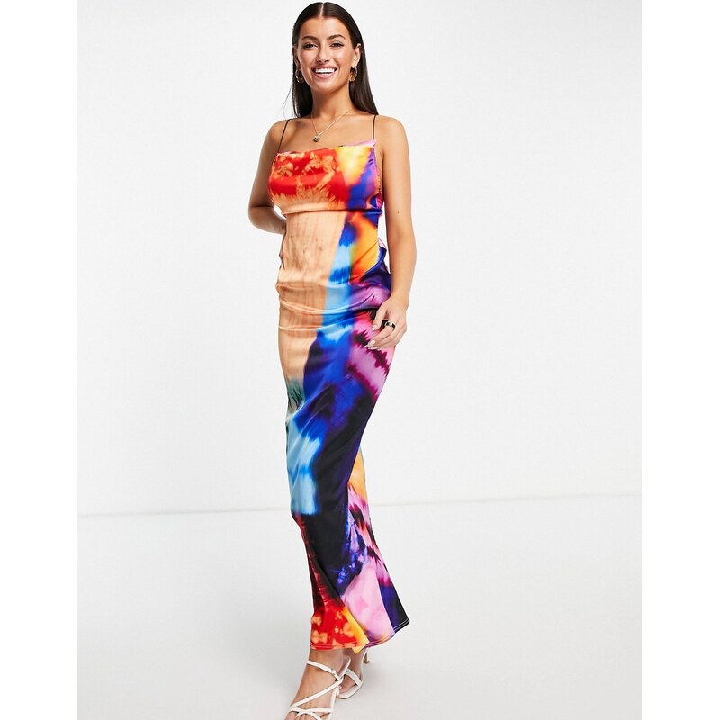 ASOS DESIGN cowl satin biased cut cross back maxi dress in multi
