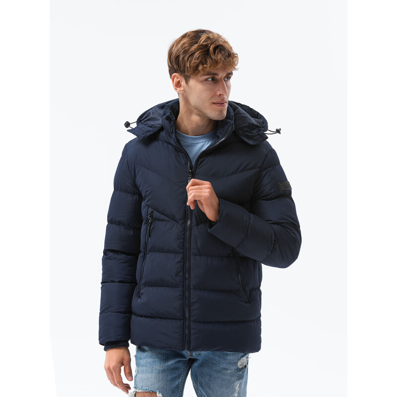 Ombre Clothing Pánská zimní bunda s neobvyklým prošíváním - tmavě modrá V4 OM-JAHP-0127