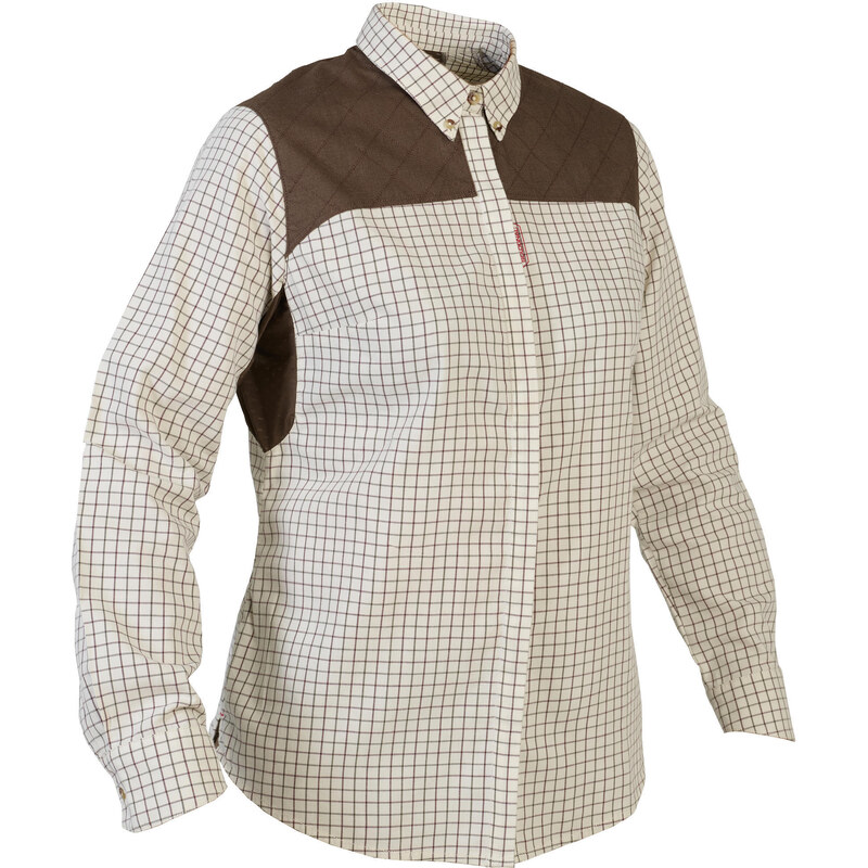 SOLOGNAC Dámská lovecká bavlněná košile s dlouhým rukávem prodyšná 500 kostkovaná béžová