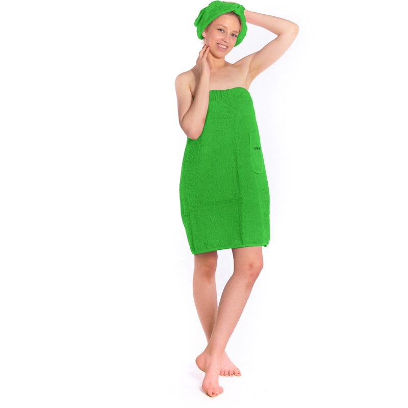 Interkontakt Dámský saunový kilt s turbanem Logo SAUNA, zelený