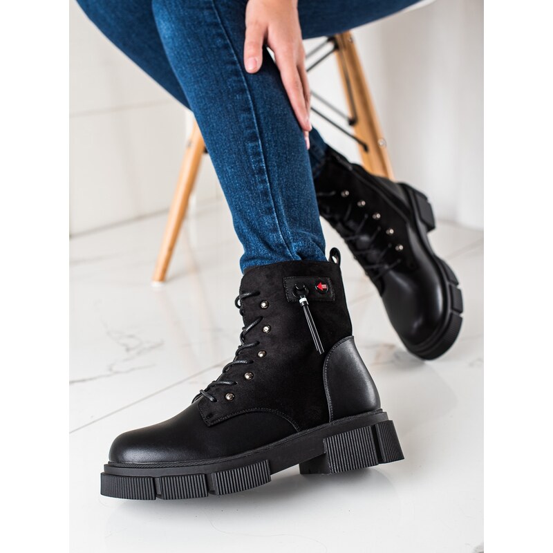 W. POTOCKI Pohodlné kotníčkové boty dámské černé na plochém podpatku
