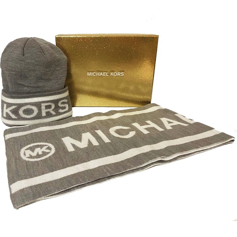 Dámský dárkový set Michael Kors - Čepice a Šála - Šedá/bílá