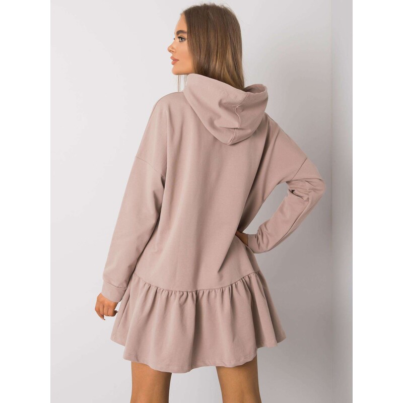 Fashionhunters Tmavě béžové bavlněné šaty s kapucí