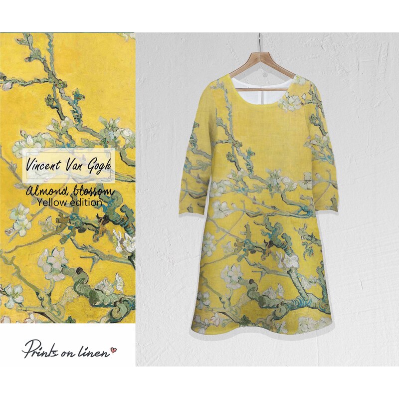 Lenbutik Šaty midi 100% Len Vincent Van Gogh Mandlový květy / Almond Blossom-žluté provedení Dl