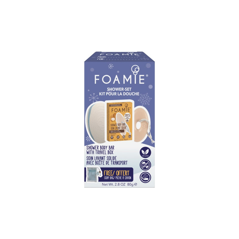 Foamie Shower Set Kiss Me Argan syndet do sprchy 80 g + Travel Buddy cestovní pouzdro + sáček dárková sada