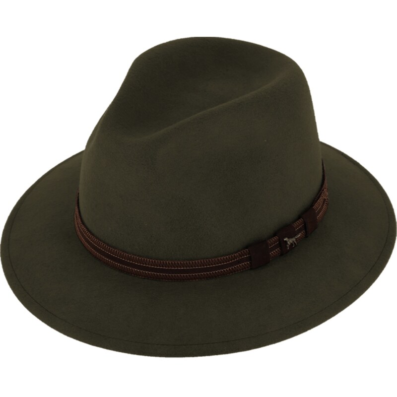 Zimní myslivecký klobouk od Fiebig - olivový s koženou stuhou a ozdobou ve tvaru loveckého psa