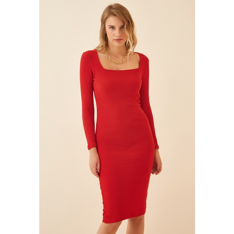 Happiness İstanbul Women's Red Square Neck Corduroy Knitted Dress