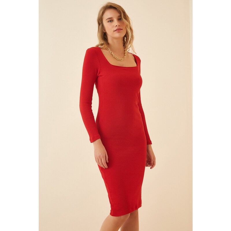 Happiness İstanbul Women's Red Square Neck Corduroy Knitted Dress