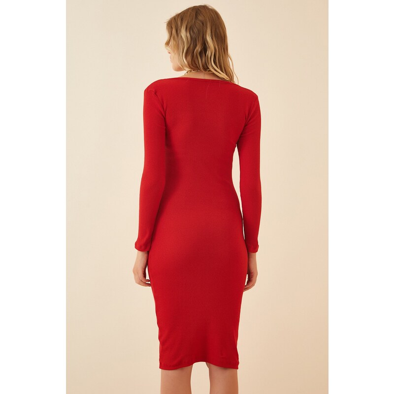 Happiness İstanbul Women's Red Square Neck Corduroy Knitted Dress