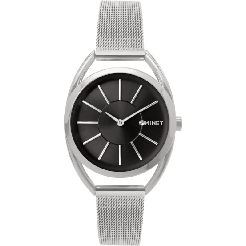 MINET Stříbrno-černé dámské hodinky ICON SILVER BLACK MESH