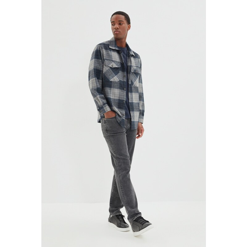 Trendyol Navy Blue Oversize Lumberjack Plaid Shirt