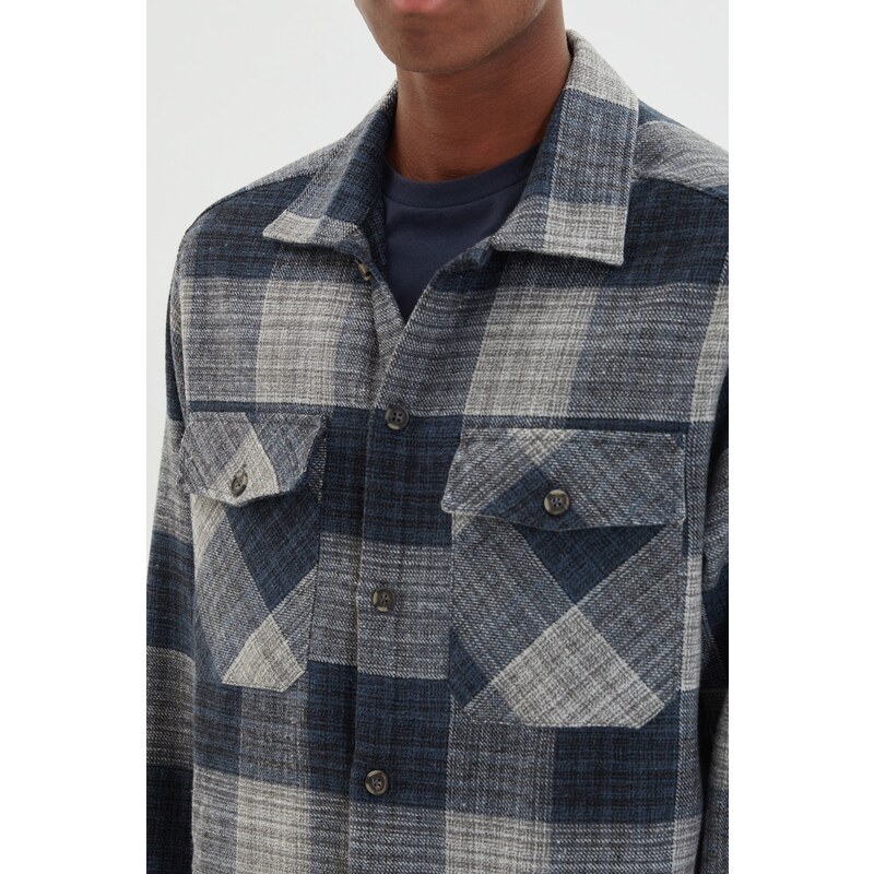 Trendyol Navy Blue Oversize Lumberjack Plaid Shirt