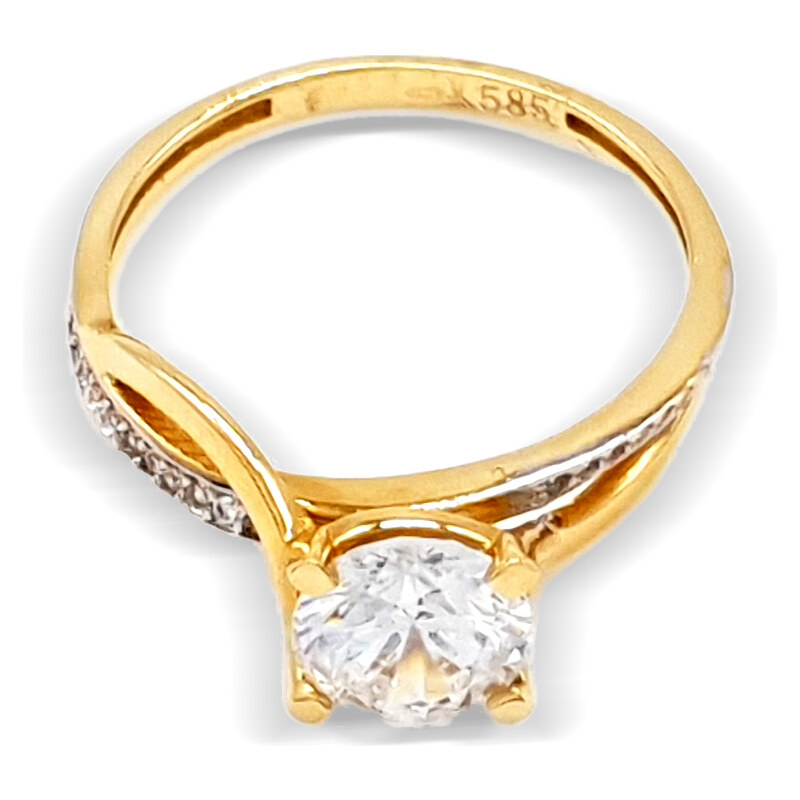 Zlatý zásnubní vlnivý prsten zdobený zirkony