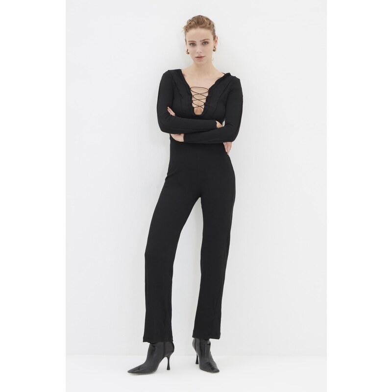 Trendyol Black Tie Detailed Knitted Jumpsuit