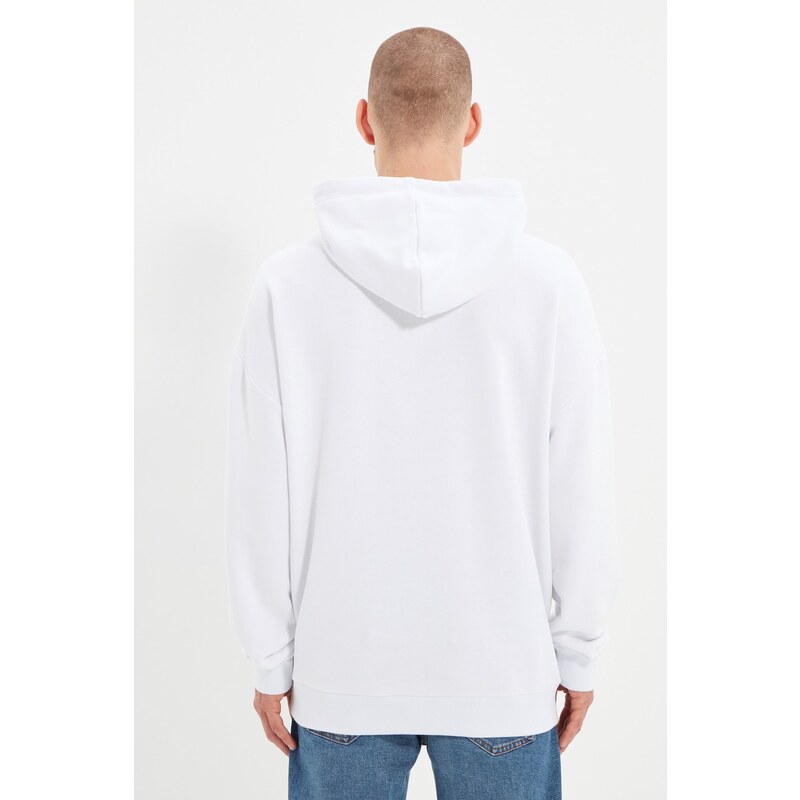 Trendyol Basic White Men's Oversize/Wide Cut Hooded Labeled Fleece Inside Cotton Sweatshirt