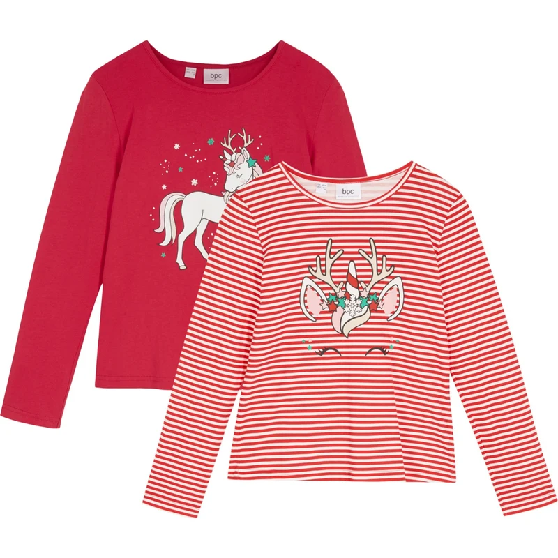 bonprix Dívčí vánoční triko s dlouhým rukávem (2 ks) Červená Dívky 128/134  - GLAMI.cz