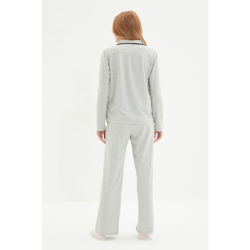 Trendyol Gray Cotton Embroidered Knitted Pajama Set