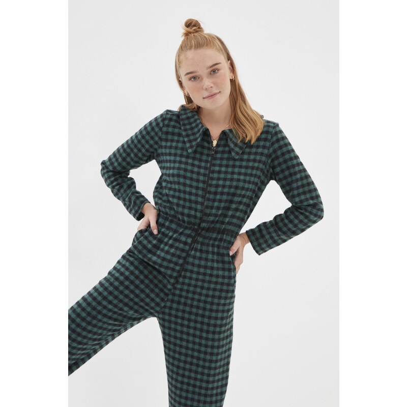 Trendyol Green Checkered Zipper Jumpsuit