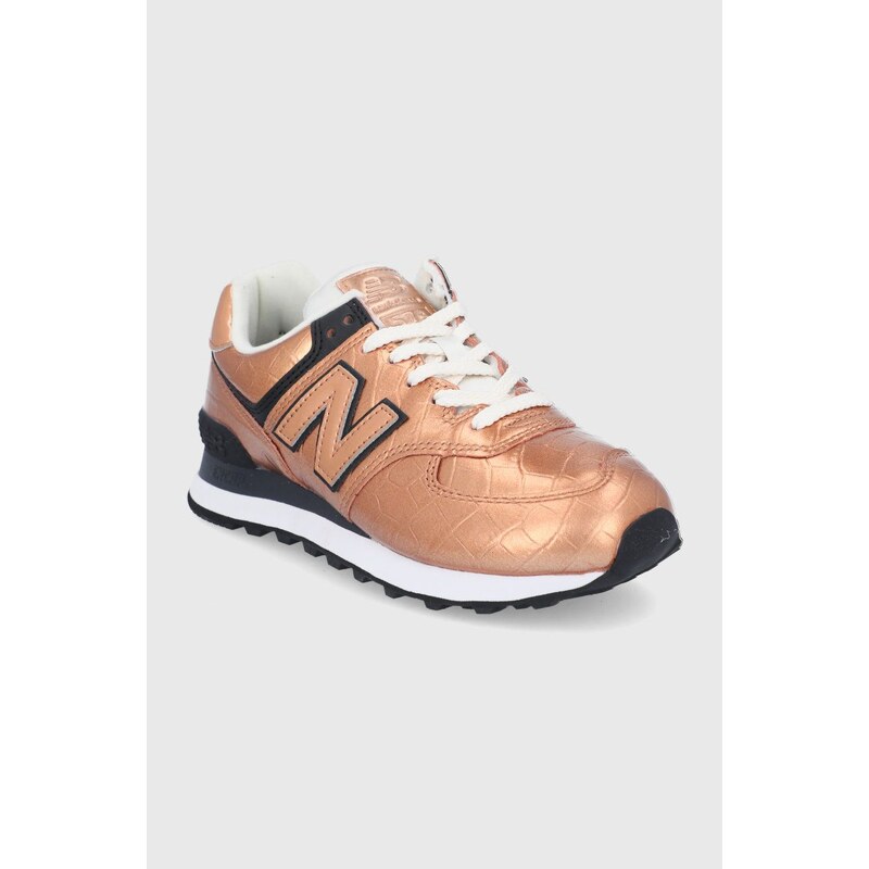 Kožené boty New Balance WL574PX2 zlatá barva, na plochém podpatku, WL574PX2-224